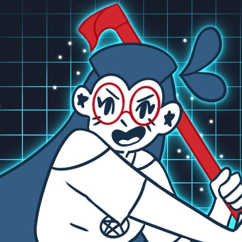 A cartoony drawing of a girl with long navy hair swinging their red cane like a baseball bat